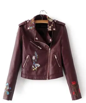 Jesenná bunda na motocykel žien výšivky bombardér imitácia kože, bunda kvetinový tlač ružová čierna kožená bunda na motocykel