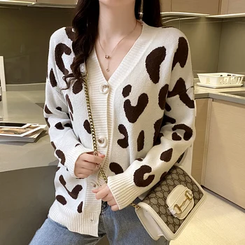 Ženy Leopard Sveter Cardigan Singel Svojim Tvaru Kórejský Pletené Voľné Módne Kontrast Sveter Kabát Top Knitwear Žena