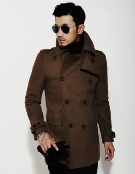 Stredne dlhé bežné vlnené kabát mužov dvojité breasted mens kabát cashmere kabát casaco masculino inverno erkek anglicko hnedá