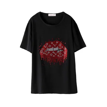 2020 Ženy Móda Harajuku Pery Vŕtanie T-shirts Plus Veľkosť Čierne Diamanty, T košele Sexy Voľné Tričko kórejský Topy Tees T250