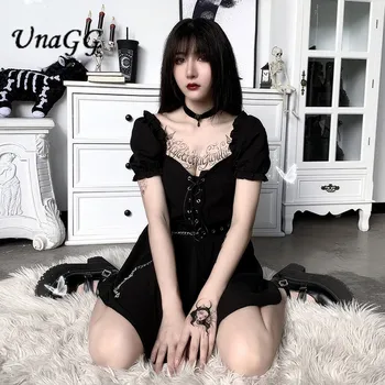 UnaGG Harajuku Punk Čierne Mini Šaty Gothic Streetwear Obväz Patchwork tvaru Vintage Ženské Šaty Lístkového Rukáv Šaty Lady #122