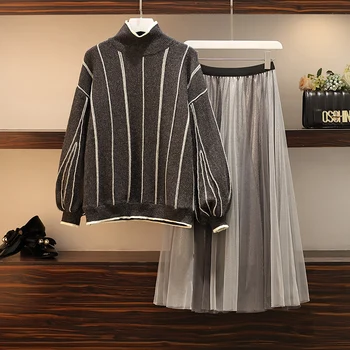 Veľká veľkosť dámy knitwear zimné nové prúžok hrubý sveter skladaná sukňa Kórea módy obleky dva počítače, oblečenie set voľný čas obleky