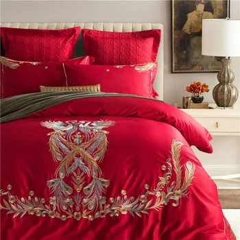 Nový 4/7pcs Červená posteľná bielizeň sady kráľovná king size perinu nastaviť Páva výšivky Egyptskej Bavlny svadobné luxusné bedlinen