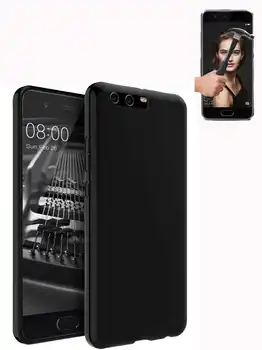 Hladké TPU puzdro pre Huawei P10 5.1 palcový čierny + tvrdené sklo PROTECTOR