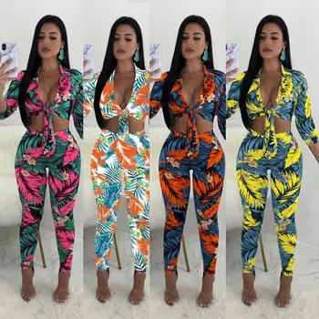 Elegantné Leaf Digitálna Tlač Letné Oblečenie Móda Ženy Top S Nohavice Žien Vyhovuje