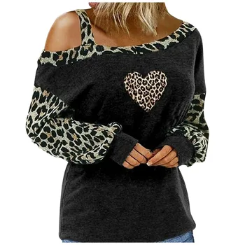 Harajuku Žena Tshirts Mimo Ramenný Leopard Šitie Móda Tlačené T-shirt Long Sleeve Topy Plus Veľkosť Vintage футболки