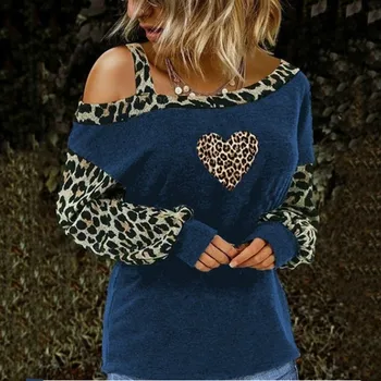 Harajuku Žena Tshirts Mimo Ramenný Leopard Šitie Móda Tlačené T-shirt Long Sleeve Topy Plus Veľkosť Vintage футболки