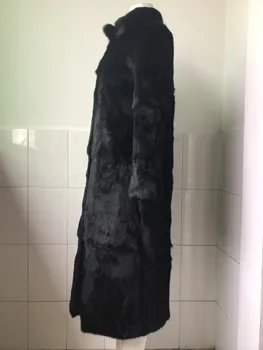 120 cm, Full dĺžka Skutočný Prírodný Black Králik kožušinový kabát Outwear vetrovka Zimná Výkopu kožený opasok montáž vlastné plus veľkosti 6Xl 5XL