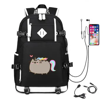 Mačka Korčuľovanie Roztomilý Fat Cat batoh mochila Batohy jednorožec Študent Školy cestovné tašky Daypack taška na Prenosný počítač USB nabíjanie