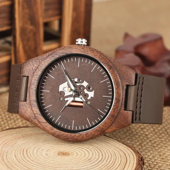 Ručné Orech Drevené Quartz Hodinky Jedinečný Duté-out Pohyb Dial Náramkové hodinky Premium Káva Kožený Remienok Pár Hodín