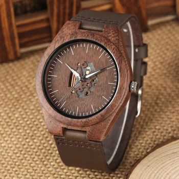 Ručné Orech Drevené Quartz Hodinky Jedinečný Duté-out Pohyb Dial Náramkové hodinky Premium Káva Kožený Remienok Pár Hodín
