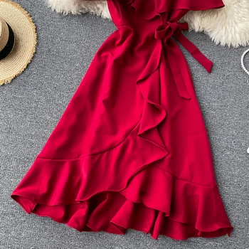 Dámy Vestidos Modré/Červené Šaty Pre Ženy Nový 2021 Vintage Ženy Špagety Popruh Šaty Letné Vysoký Pás Nepravidelný Prehrabať