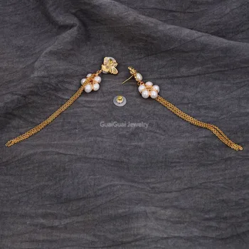 GG Šperky, Ručne vyrábané Prírodné Biele Okrúhle Perla Žltá Pozlátené CZ Spevnené Hmyzu Visieť Stud Reťazca Náušnice