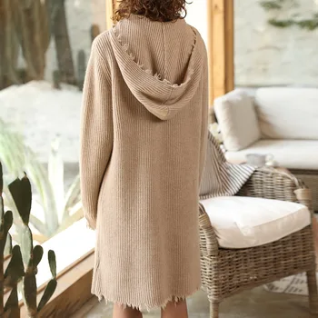 Zimné hrubé nové módne teplé dámske pletené cashmere šaty s kapucňou