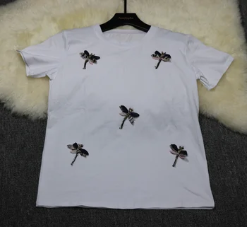 Amolapha Ženy Dragonfly Výšivky T-shirt Topy Diamanty Lete Žena Žena Bežné Tričko Pulóvre