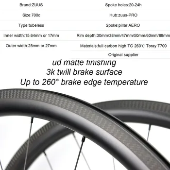 ZUUS-Pro Series 700 C Cestnej Bike Carbon Fiber Kolesa 30/38/47/50/60/88mm Bezdušové Ráfika kolesa Zuus-PRO ROZBOČOVAČ Pre Cestné Preteky na Bicykli