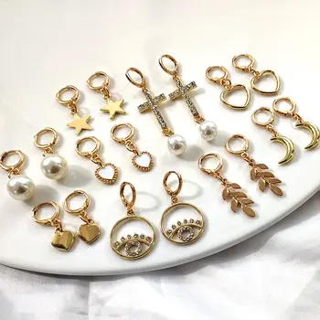 LEN CÍTIŤ Nové Malé Obvodové Náušnice pre Ženy Star Srdce Kríž S Kamienkami Zlato Chrupavky Hoop Náušnice Ženské Módne Šperky