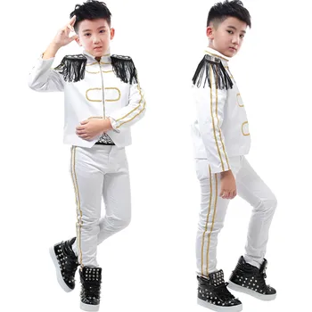 2021 Jazz Kostýmy Chlapci Biele Topy, Nohavice Detí Kapela Oblečenie Bubon Tím Deti Výkonu Hip Hop Tanec Fáze Show Nosenie
