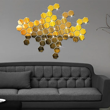 3D Hexagon, Odnímateľné Zrkadlo Domova Gold Black Geometrického Tvaru Miestnosti Dekorácie Umenie DIY Akryl na Stenu-Nálepky Na Stenu Miestnosti