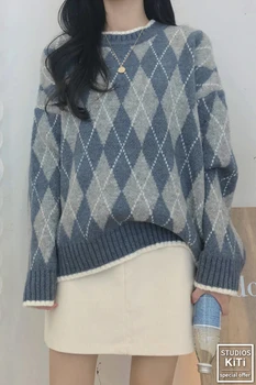 Príležitostné voľné ženy zimné svetre argyle svetre lady pletené pulóvre žena knitwear topy