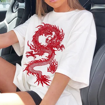 Čínsky Štýl Dragon Vytlačené Veľkými Tričko Ženy Harajuku Príležitostné Voľné Tee Tričko Krátky Rukáv T-Shirt
