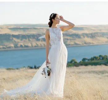 Svadobné šaty dĺžka podlahy tylu biele čipky appliques svadobné šaty bez rukávov abiti da o-krku a-line elegantné luxe trouwjurken