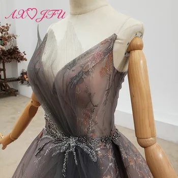 AXJFU luxusné princezná lištovanie crystal bez rukávov ručné ilúziu, šedá predné krajky ruže kvet iskrivý večerné šaty reálne fotografie