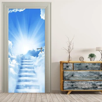 Modrú Oblohu A Biele Oblaky Schody Dvere Nálepka, 3D Klasické Krajiny Tapety Obývacia Izba, Spálňa, Kúpeľňa PVC Domov Obtlačky nástenné Maľby