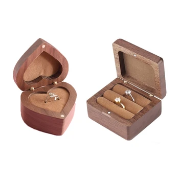 Drevené Krúžok Box pre Svadobné Zásnubný Prsteň Skladovanie Prípade, Podnosy-Drevené Námestie/Srdce Tvar Krúžok Box Dekoračné Šperky Box