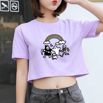 Vysoko Kvalitné Voľné Plodín Top Tričko pre Dievčatá Roztomilý Rainbow Noc Lebky Grafické Tričko Krátky Rukáv Plodín T-Shirt pre Ženy Lete