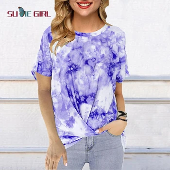 SUDIE Dievča 2020 lete nové oblečenie pre ženy okolo krku voľné tie-dye tlač krátke rukáv twisted T-shirt