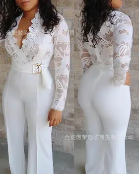 2020 Lete Ženy Elegantné Biele Sexy Tvaru Slim Fit Oblečenie Patchwork Háčkovanie Ponoriť Čipky Bodice Vložiť Jumpsuit Pre Ženy