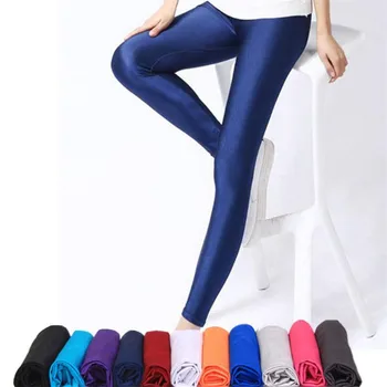 Ženy Lesklé Nohavice Legíny Hot Predaj Legíny Pevné Farebné Fluorescenčné Spandex Pružnosť Bežné Nohavice Šplhať Leginy