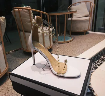 Bežné Dizajnér 2020 nový štýl biela husto hrotmi strappy vysoké podpätky stiletto sandále, topánky, svadobné svadobné topánky