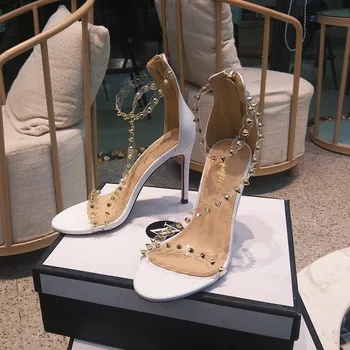 Bežné Dizajnér 2020 nový štýl biela husto hrotmi strappy vysoké podpätky stiletto sandále, topánky, svadobné svadobné topánky