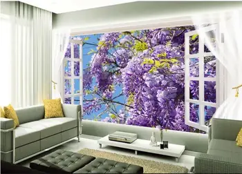 Vlastné 3D Fotografie Tapety nástenná maľba Obývacia Izba Gauč TV Pozadie Tapetu Okno Fialová Viniča Scenérie Obrázok Tapety Domova
