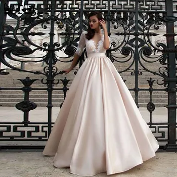 Skromný Pol Rukávy Svadobné Šaty 2019 Čipky Nášivka Elegantné Svadobné Šaty s Vreckami Vestidos de Noivas Zákazku