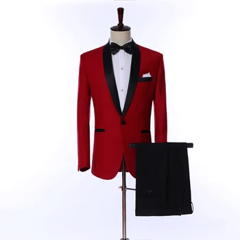 2020 Jar Červená Slim Fit Svadobné Obleky Módne Ženícha Prom Smoking Terno Masculino Pánske Obleky 2 Kusy ( Bunda+Nohavice+Bowtie)