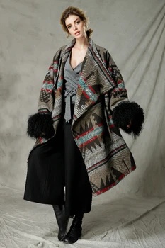 C4002 Jeseň a v Zime Roku 2018 Etnický Štýl tlače tibetskej ovčej kožušiny dlhý rukáv kabát voľné nadrozmerné ženy vlny kabát