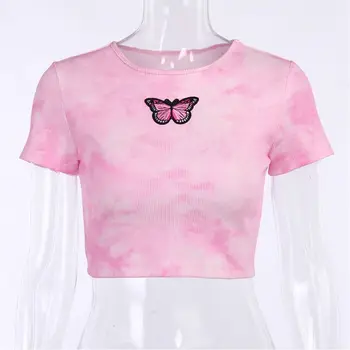 Ženy Letné Ružové Tie-Dye Krátky Rukáv T-Shirt Rebrovaný Srůsty Motýľ Vytlačené Plodín Top Slim O-Krku Pulóver Streetwear