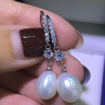Mincový striebro 8 mm biela čerstvej vody pearl visieť ženy náušnice háčik