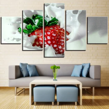 5 Panely Reštaurácia Dekoratívne Plátno Umenie Výtlačkov, Jahody a Mlieko Ovocie Modulárny Obrázok Nástenné Maľby Pre Kuchyňa Izba Plagát