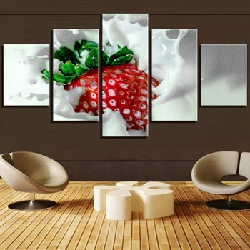 5 Panely Reštaurácia Dekoratívne Plátno Umenie Výtlačkov, Jahody a Mlieko Ovocie Modulárny Obrázok Nástenné Maľby Pre Kuchyňa Izba Plagát