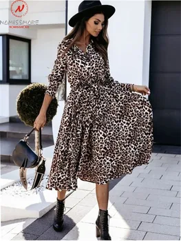 Ženy Leopard Tlač Dlhé Šaty Vysokej Split Single-breasted Dizajn Pás Dekor tvaru Dlhý Rukáv Polovice Pás Slim Cardgian Šaty