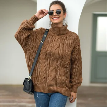 Zimné dámske svetre new college štýl knitwear žien hrubé vlákno twist vysoký golier Pulóver teplý sveter pre ženy