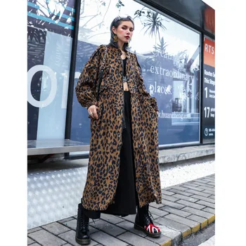 Ženy Zákopy Srsti Strednej dĺžky Britský Štýl 2020 Jeseň Nové Koleno-vysoká Voľné Veľké Veľkosti Leopard Tlač Menčester Kabát Moda Mujer