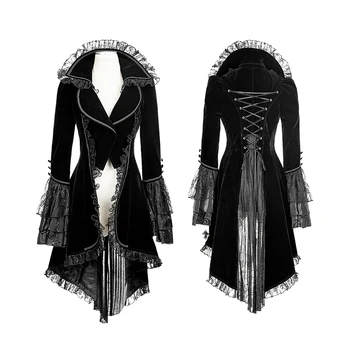 Gotický Vidlicový Chvost Ženy Kabát Steampunk Svetlice Rukávy Čipky Bunda Na Jeseň Zimné Móda Lady Velvet Textílie Zvrchníky