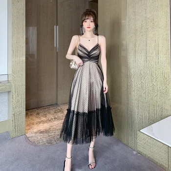 Nový príchod módne kórejský nočný klub party šaty žien elegantné letné sexy popruh oka temperament čierna bodka a-line dlhé šaty