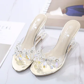 Klin sandále ženy lete sexy krištáľovo priehľadné vysoké podpätky papuče drahokamu klin sandále 2019