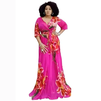 Móda 2021 Kvetinový Tlač Polovičný Rukáv Šaty Africkej Ženy Sexy V Krku Dámy Bežné Boho Maxi Jeseň Dlhé Šaty